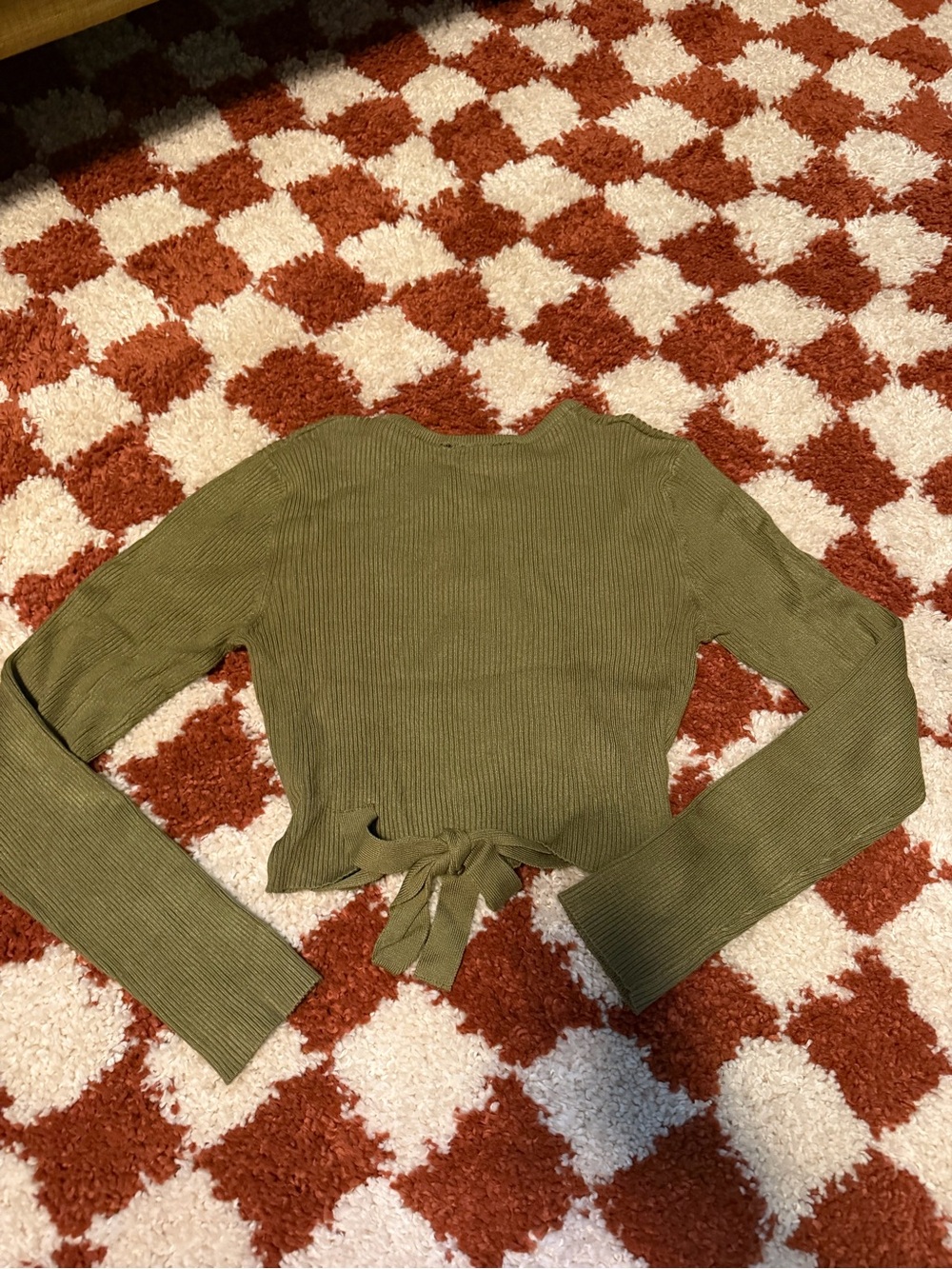 Miss Selfridge Olive Green Ribbed Crew Neck Sweater with back tie detail size 8